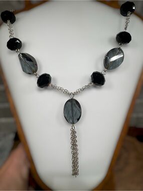 Artisan Black & Gray Faceted Bead and Silver Chain Tassel Necklace